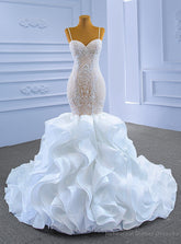 White Mermaid Organza Appliques Beading Wedding Dress